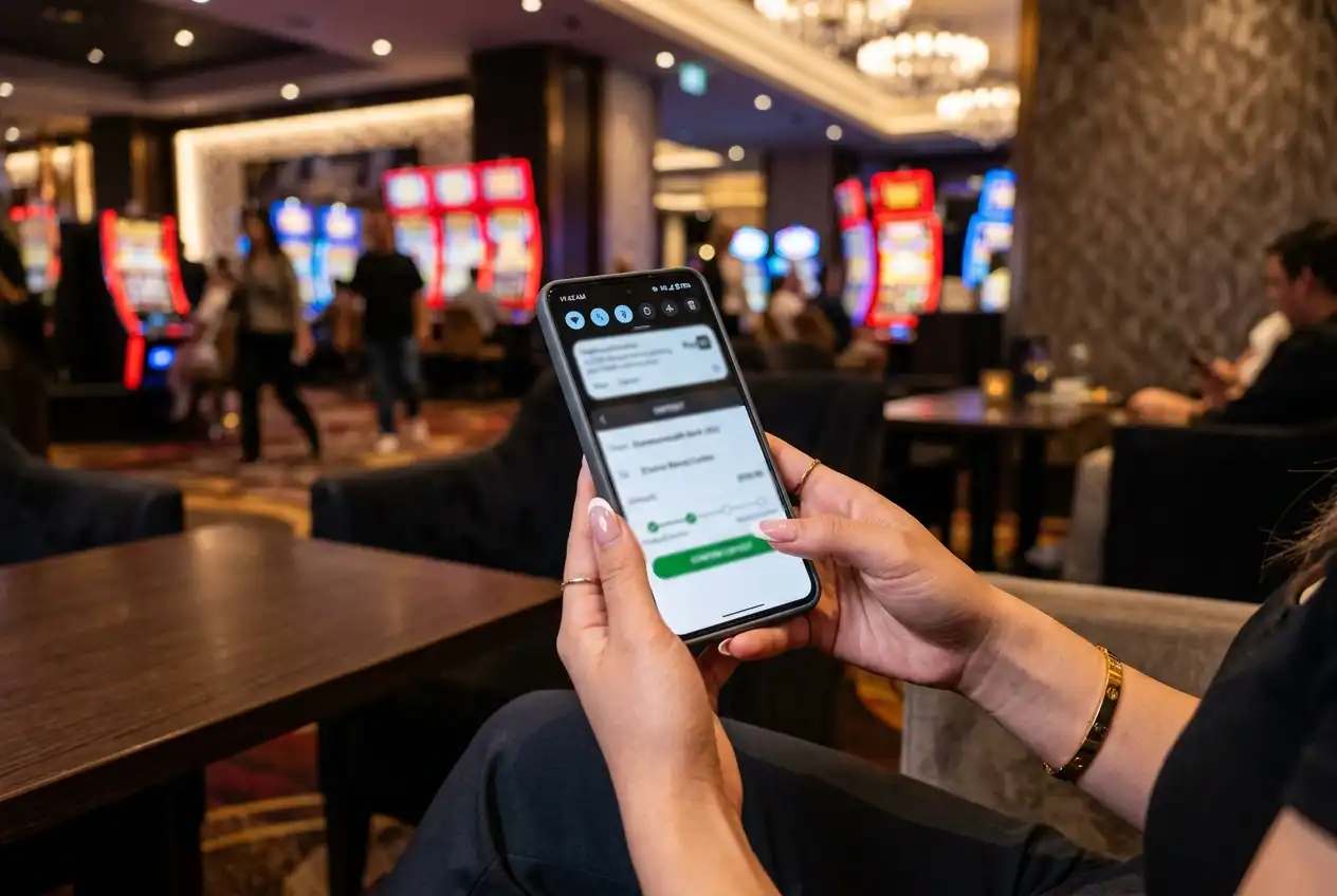 Android phone displaying the PayID deposit flow switching between banking and casino apps
