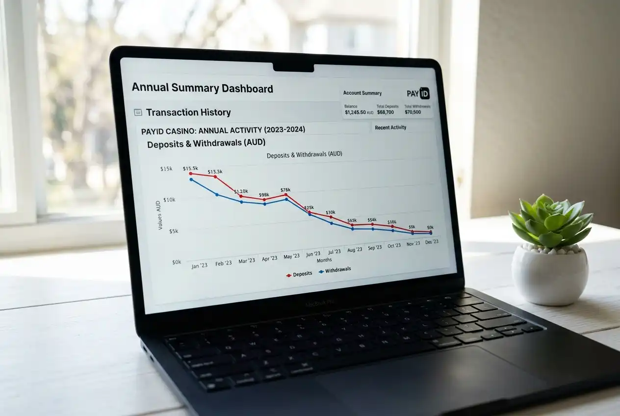 Summary dashboard showing annual PayID casino deposit and withdrawal totals with a trend line