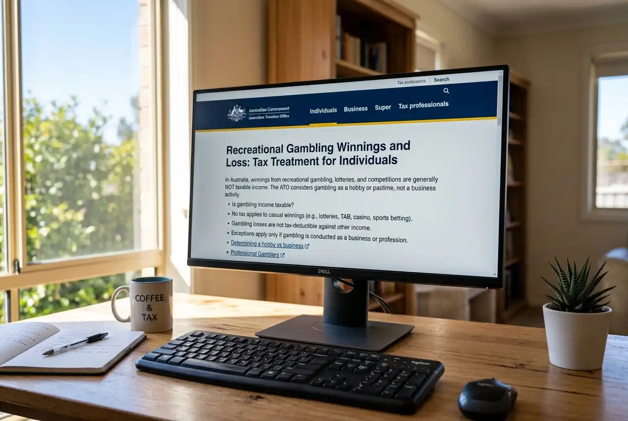 ATO website page showing tax treatment of recreational gambling winnings in Australia