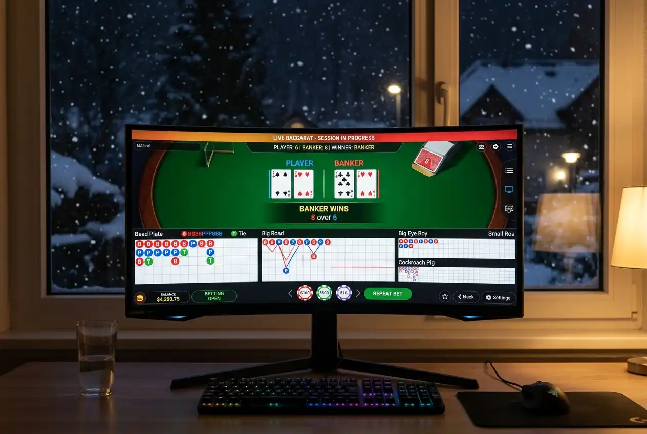 Baccarat scorecard display showing hand results during a fast-paced online session