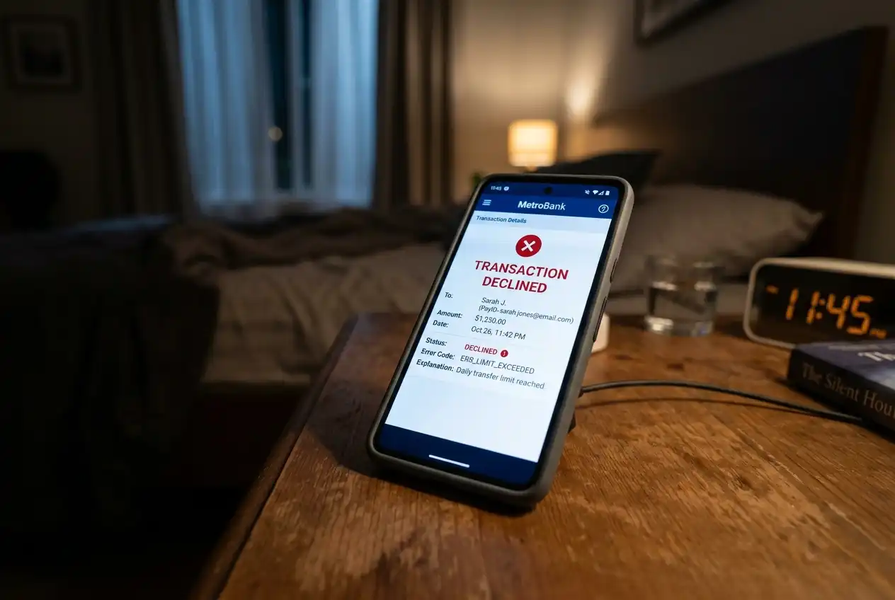 Banking app showing a declined outgoing PayID transaction with an error code displayed