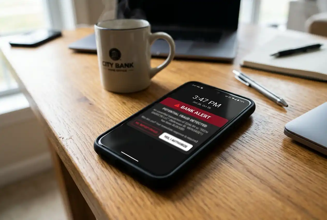 Banking app push notification alerting about a potentially fraudulent outgoing transaction