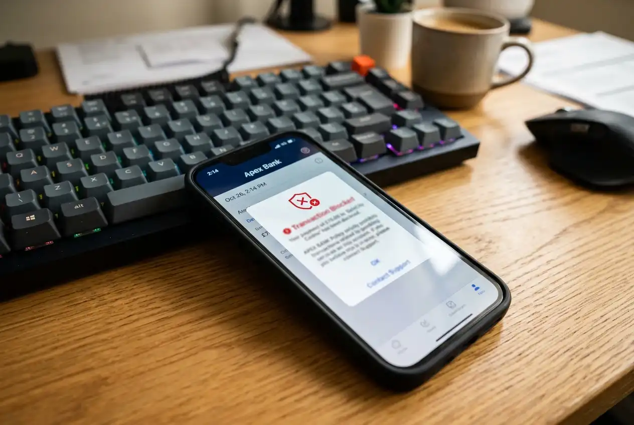 Banking app notification showing a blocked gambling transaction attempt