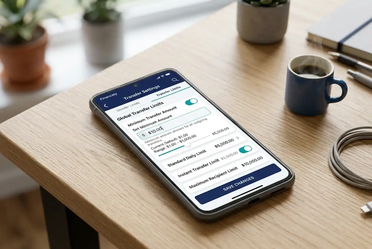 Bank account settings screen displaying minimum transfer amount configuration
