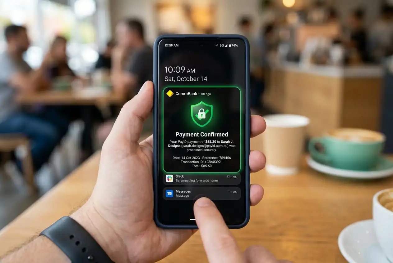 Banking app security alert confirming a PayID transaction was processed safely