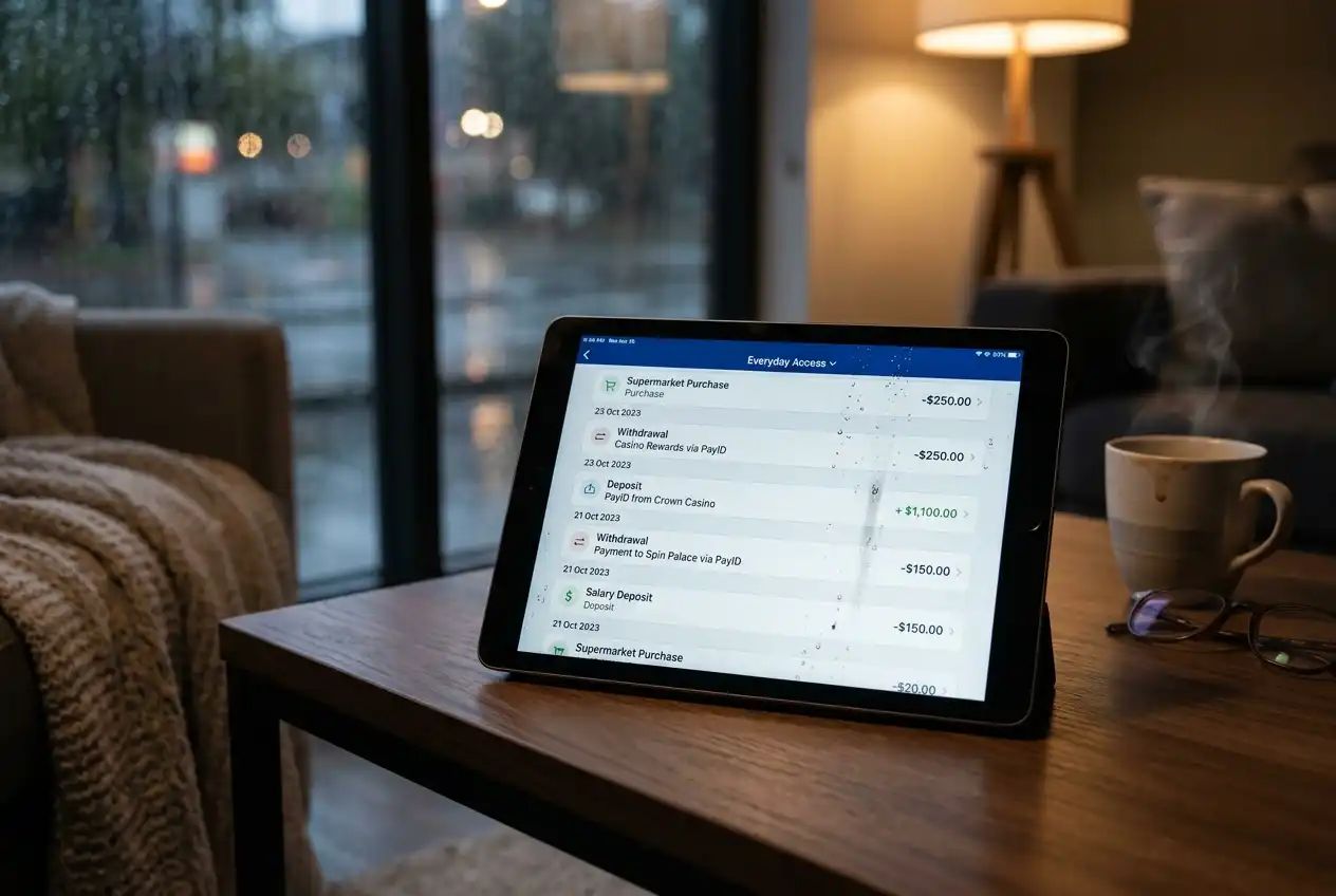 Banking app transaction list showing PayID deposits and withdrawals to a casino operator