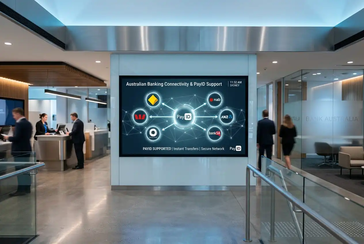 Australian bank logos on a digital screen representing PayID casino payment support