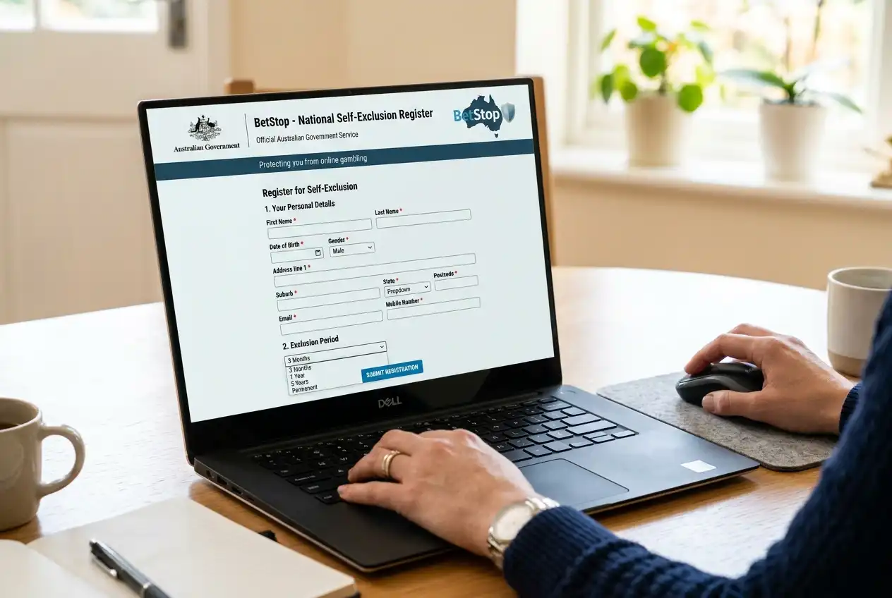 BetStop national self-exclusion registration page displayed on a computer screen
