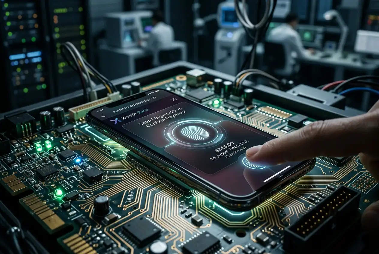 Smartphone fingerprint scanner authorising a payment through a next-generation banking app