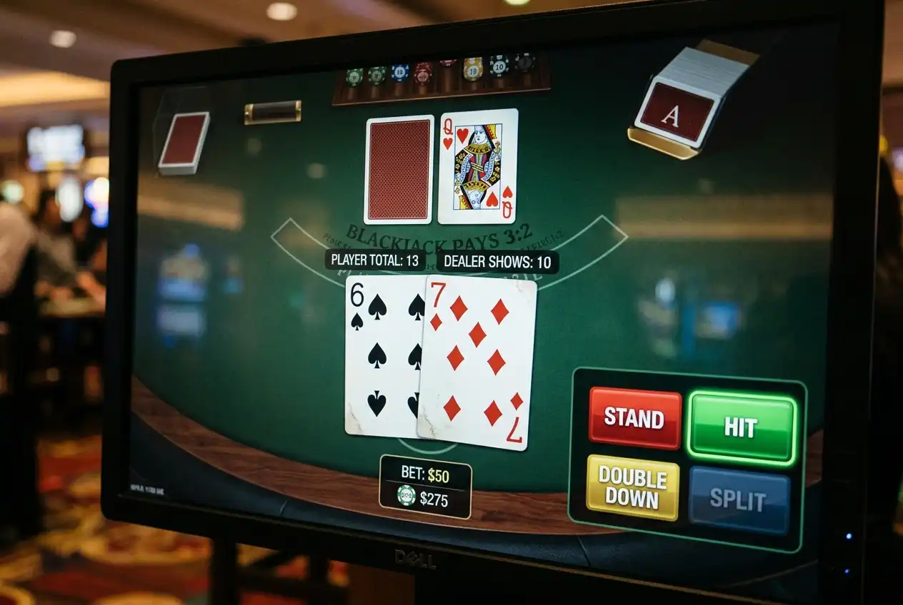 Close-up of a digital blackjack hand with strategy decision buttons on a casino interface