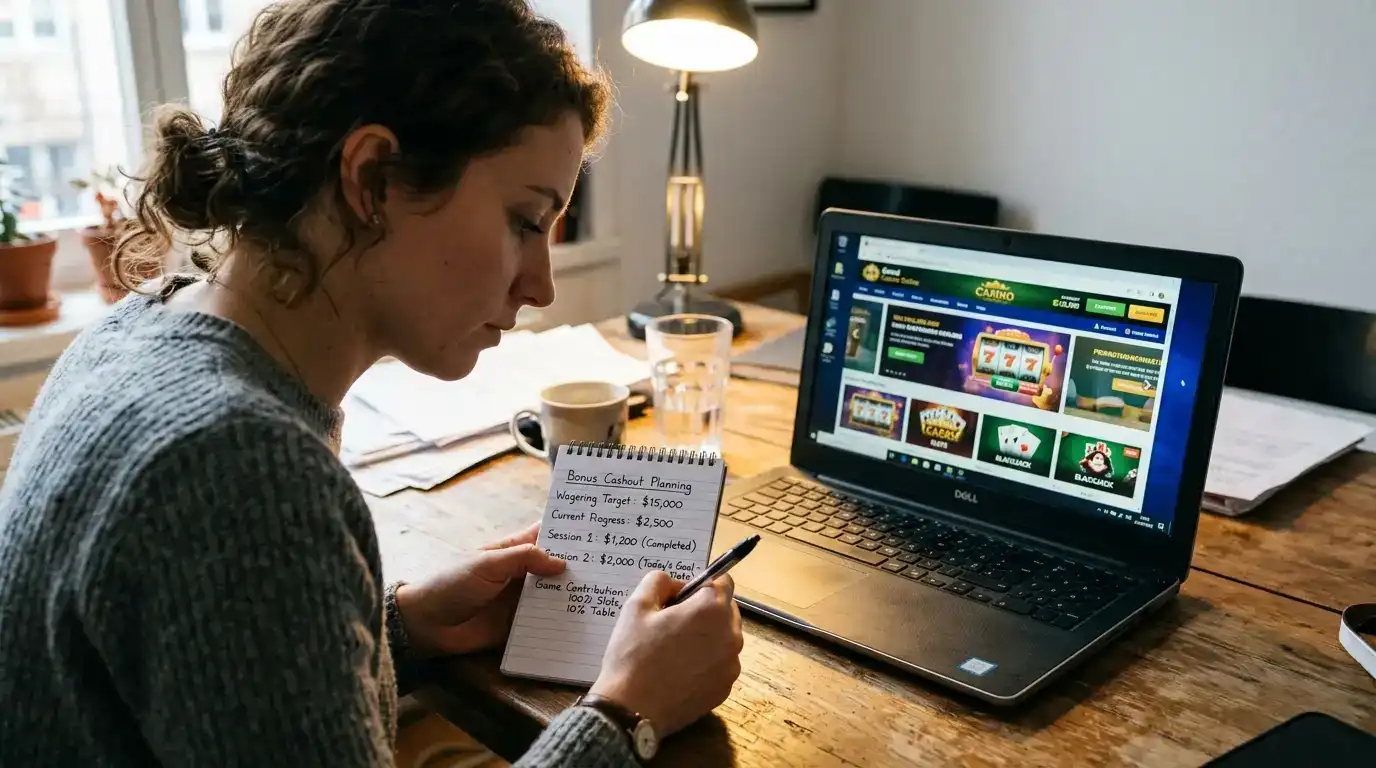 Person planning a bonus cashout strategy with notes on expected wagering volume