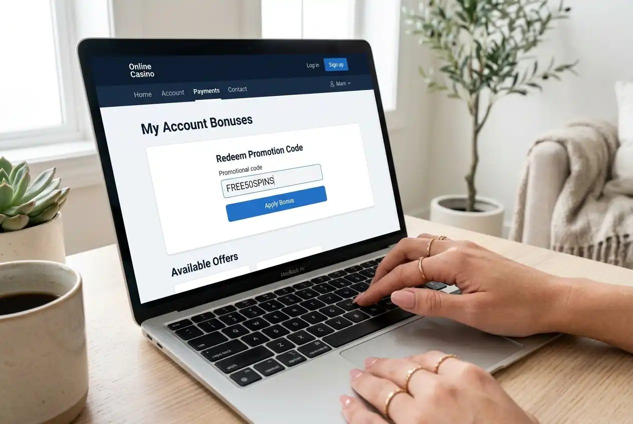 Casino account page with a bonus code entry field for claiming a no-deposit promotional offer