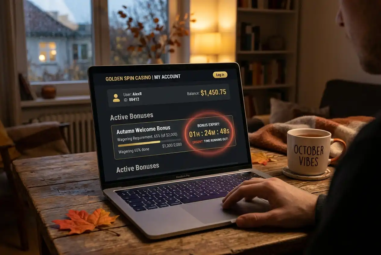 Casino account page showing bonus expiry countdown timer and remaining playthrough