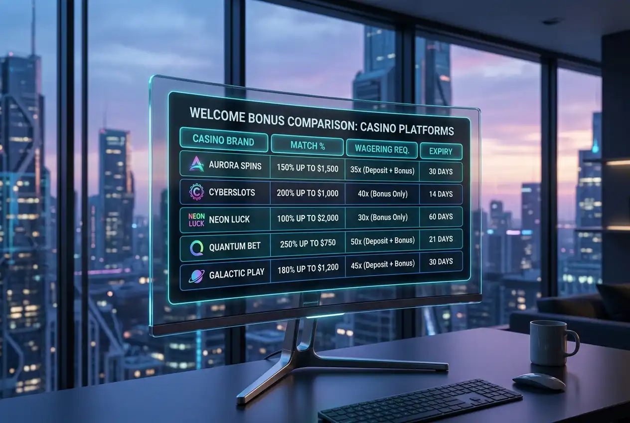 Clean comparison table of welcome bonus terms across different PayID casino sites