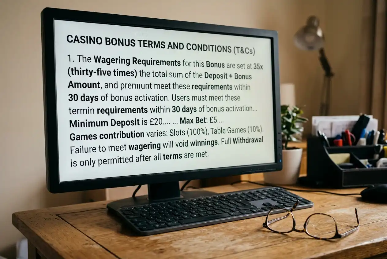 Close-up of casino bonus terms and conditions text on a computer screen