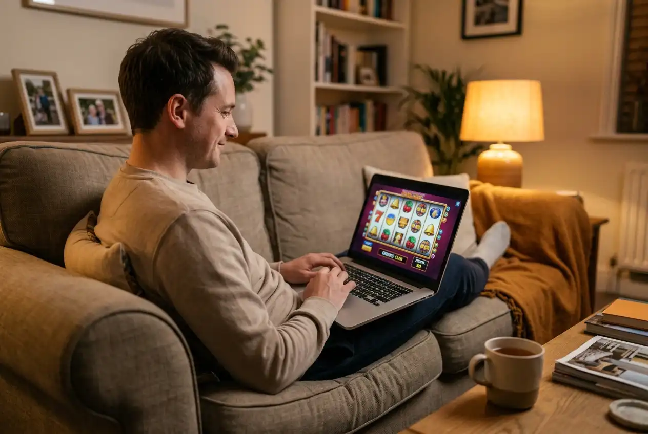 Person playing online pokies on a laptop with a small starting balance displayed