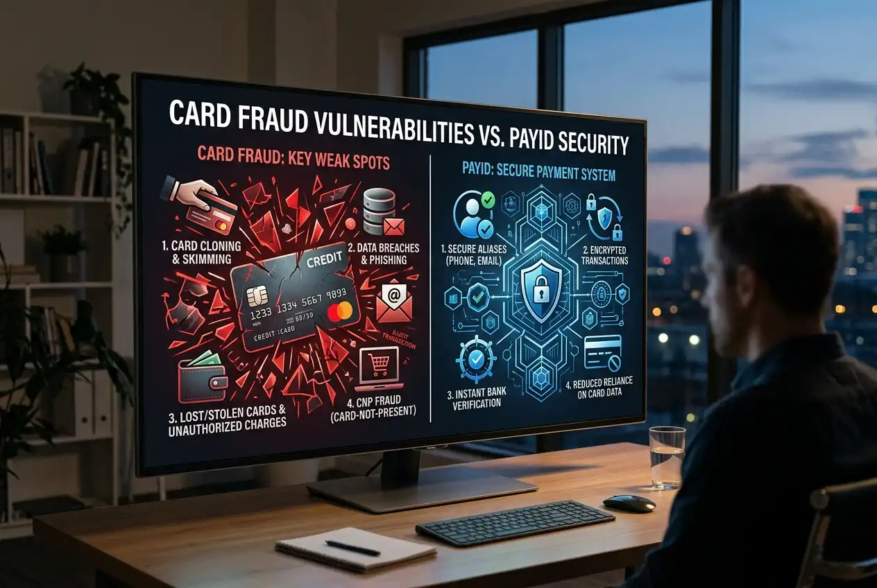 Simple comparison graphic showing card fraud statistics versus PayID security advantages