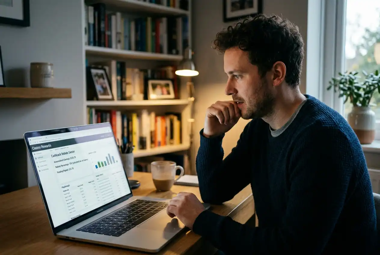 Person reviewing cashback rebate earnings on a casino account dashboard