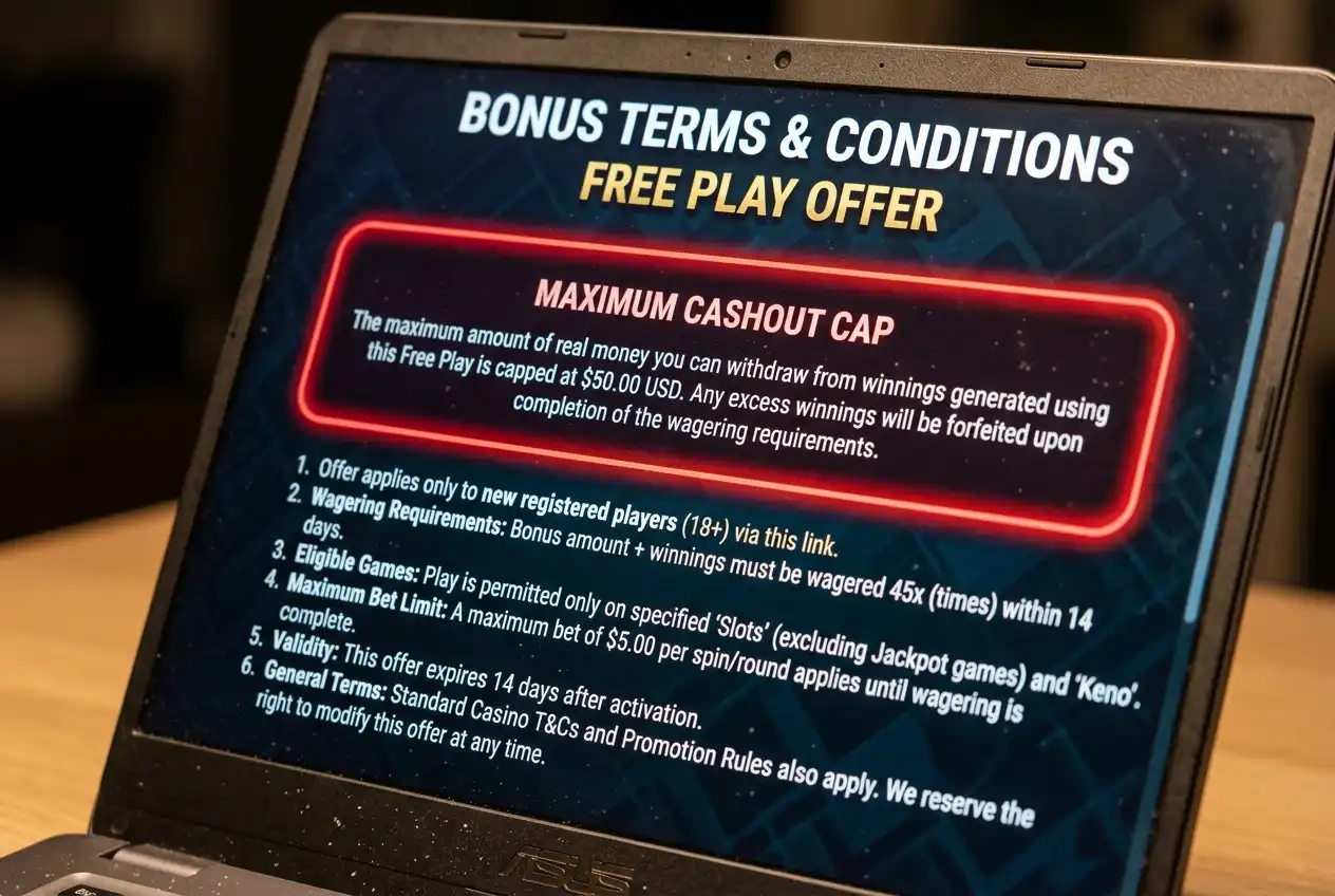 Bonus terms section highlighting maximum cashout cap from a no-deposit free play offer