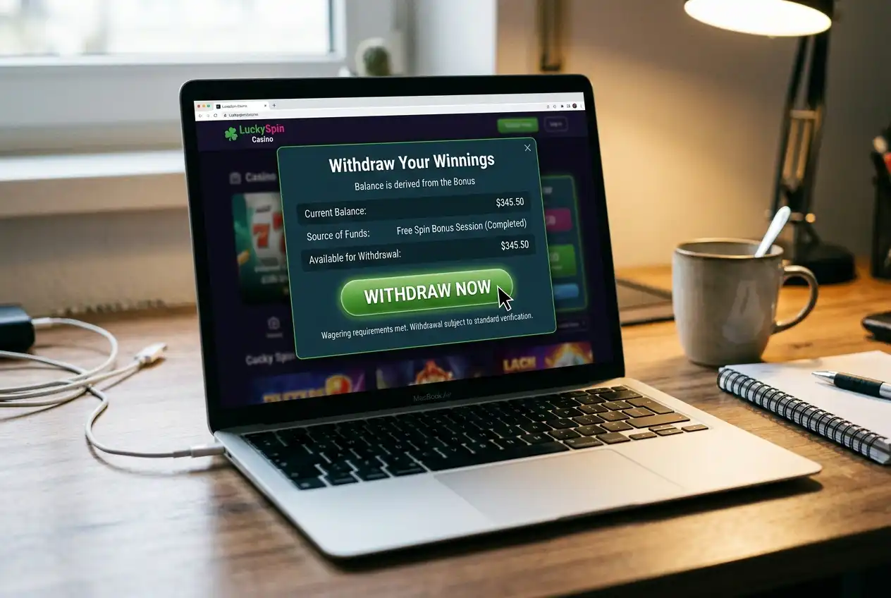 Casino cashier withdrawal screen showing winnings from a free spin bonus session