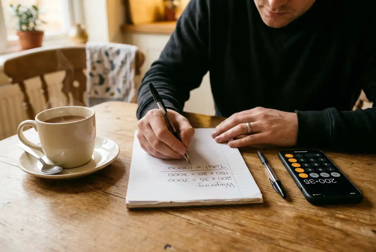 Person reviewing casino bonus terms and wagering requirement calculations on a notepad