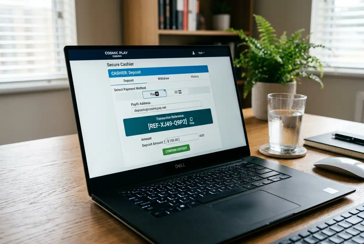 Online casino cashier page displaying a PayID address and reference number