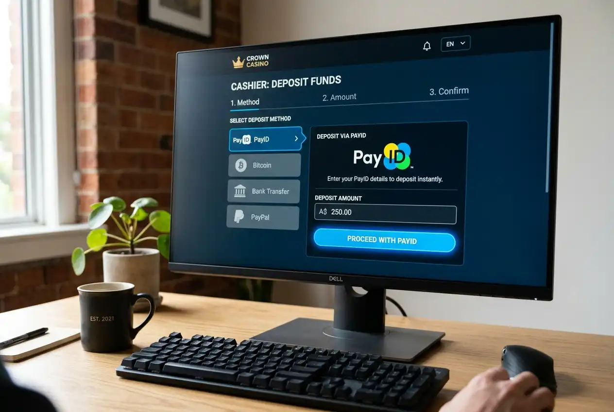 Online casino cashier page showing PayID as a deposit method on desktop