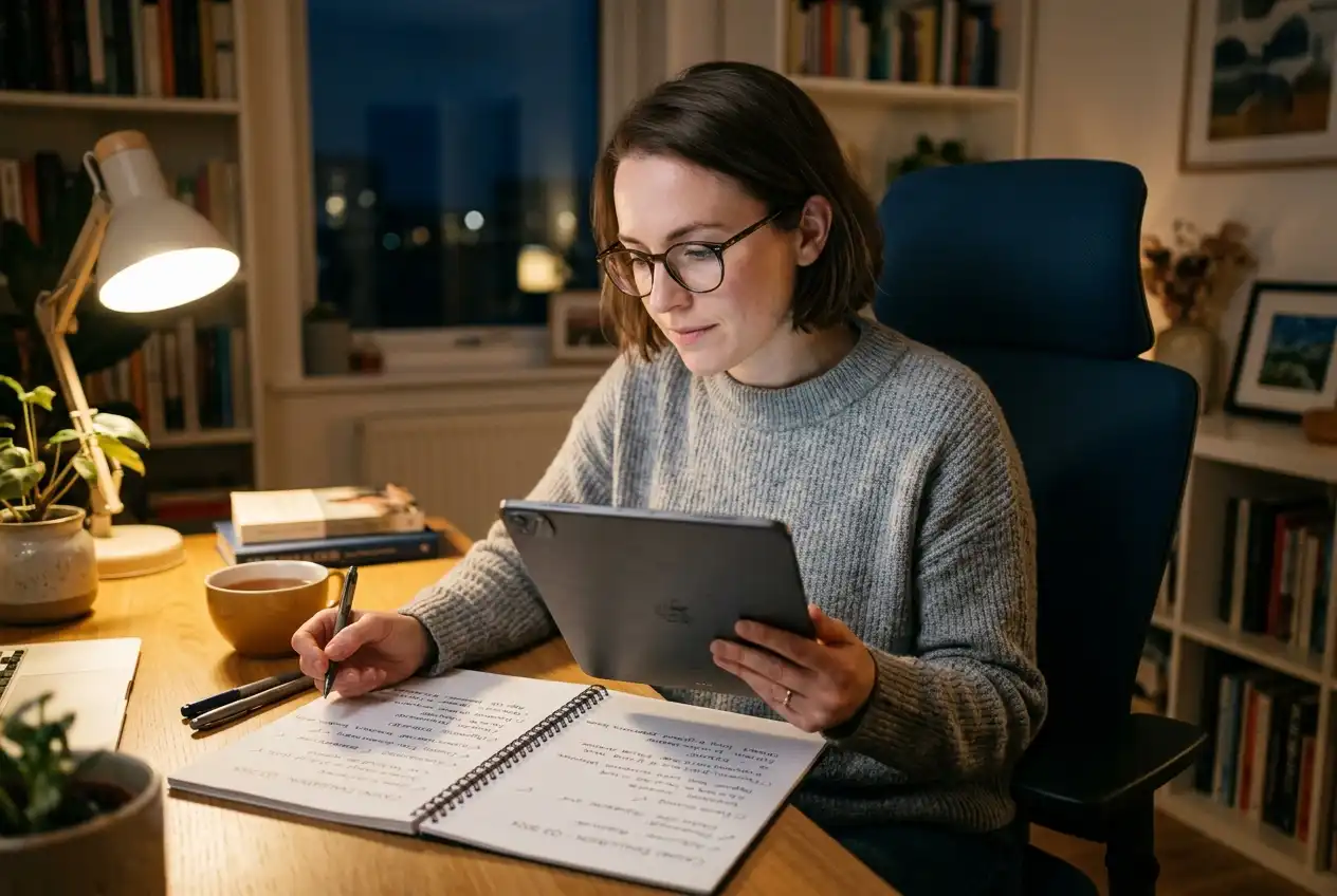 Person reviewing casino evaluation notes on a tablet beside a notebook