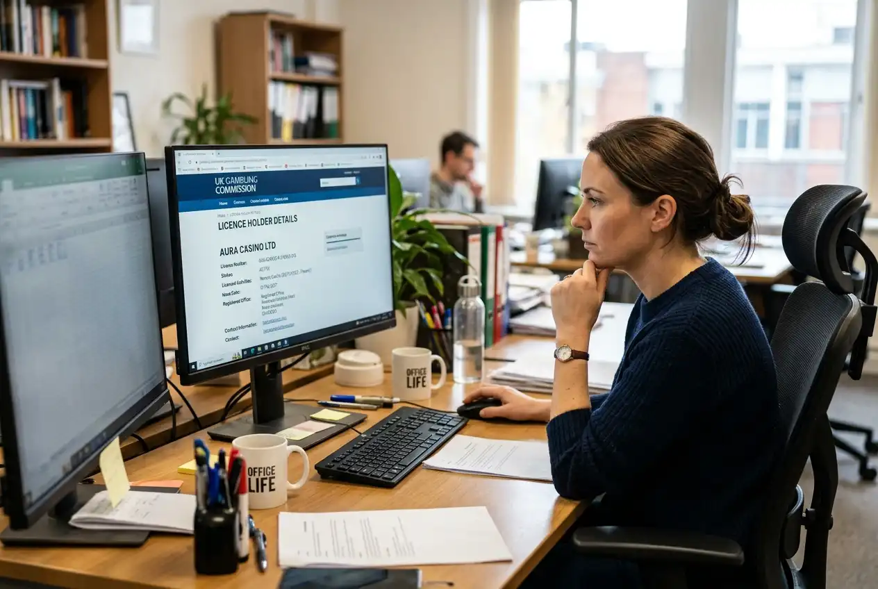 Person checking a casino's licensing credentials on a regulatory authority website