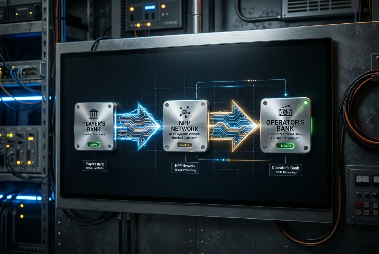 Flow diagram showing how a casino payment travels through the NPP from player to operator