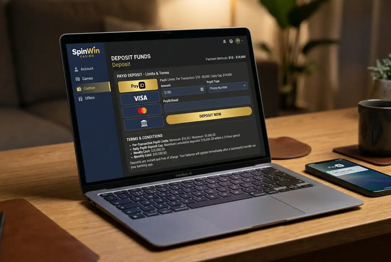 Casino deposit page showing per-transaction PayID limit and daily cap information