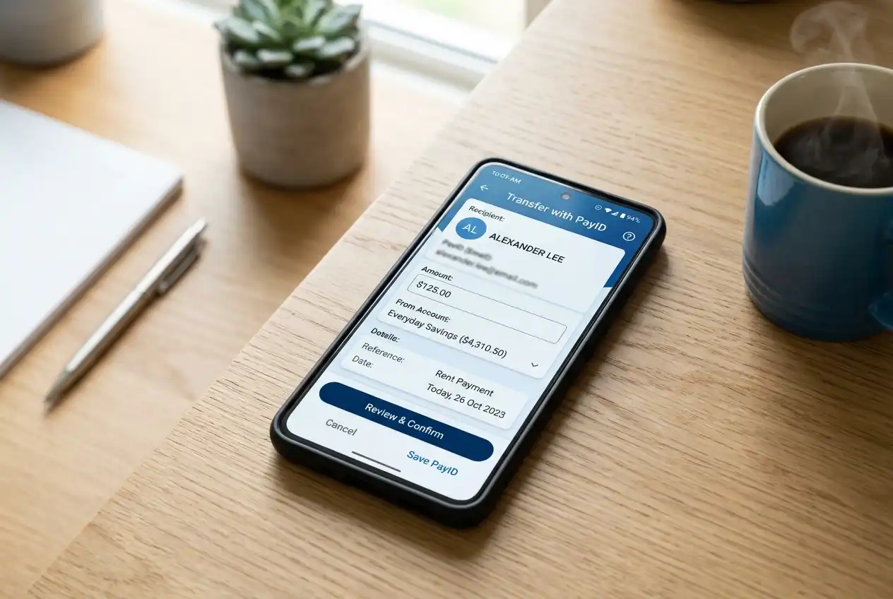 Commonwealth Bank app displaying a PayID transfer screen for an online payment