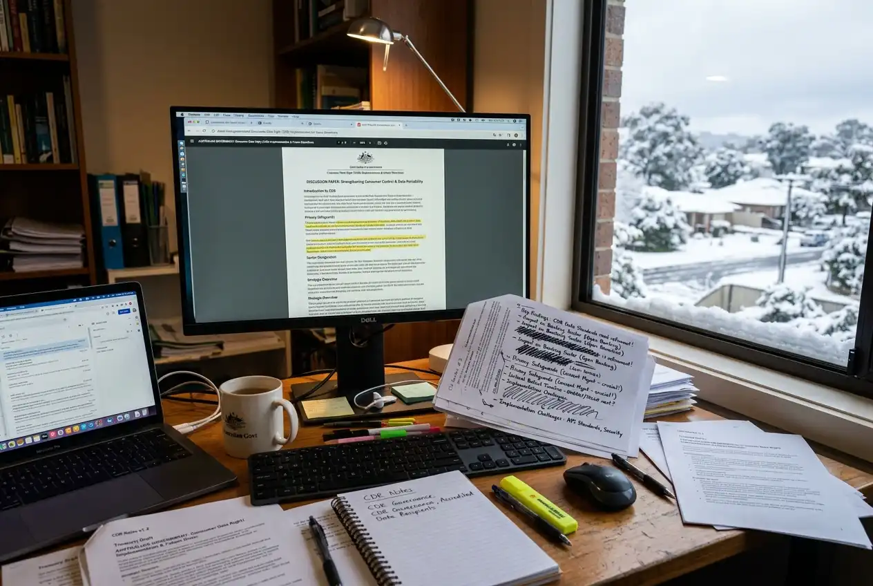 Government CDR framework documentation displayed on a monitor beside policy notes