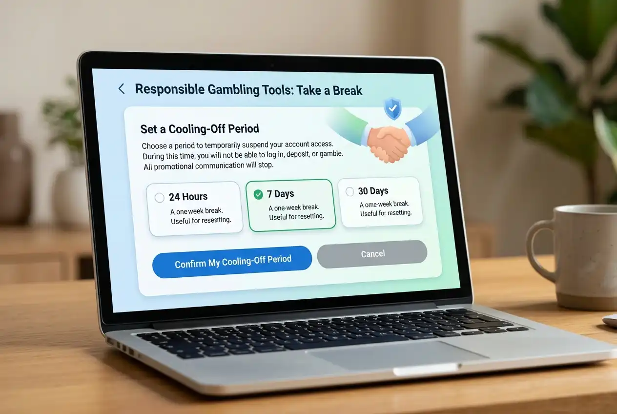 Casino account page showing cooling-off period activation with duration selection options