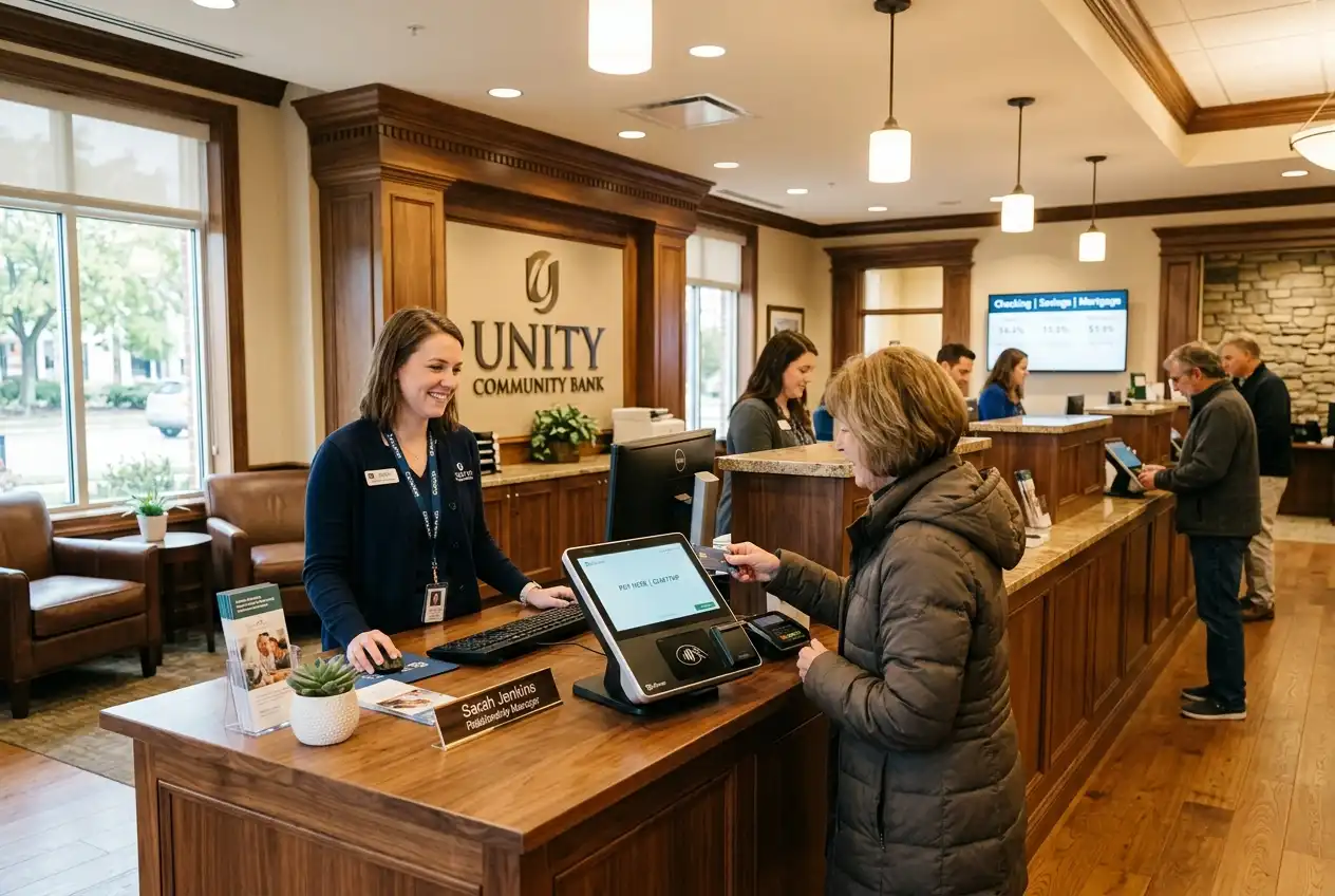 Small regional bank branch with a digital payments terminal on the counter