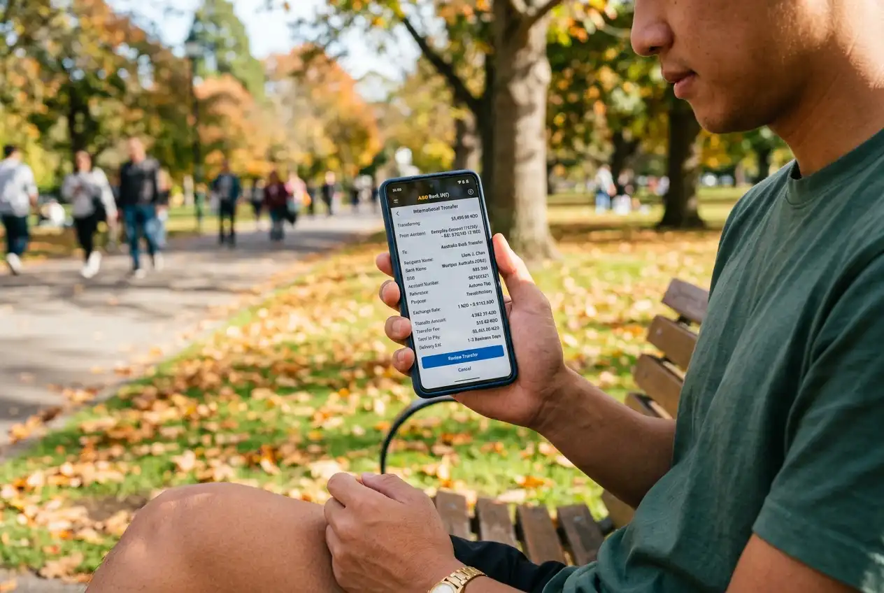 Banking app showing a cross-border transfer attempt between New Zealand and Australian accounts