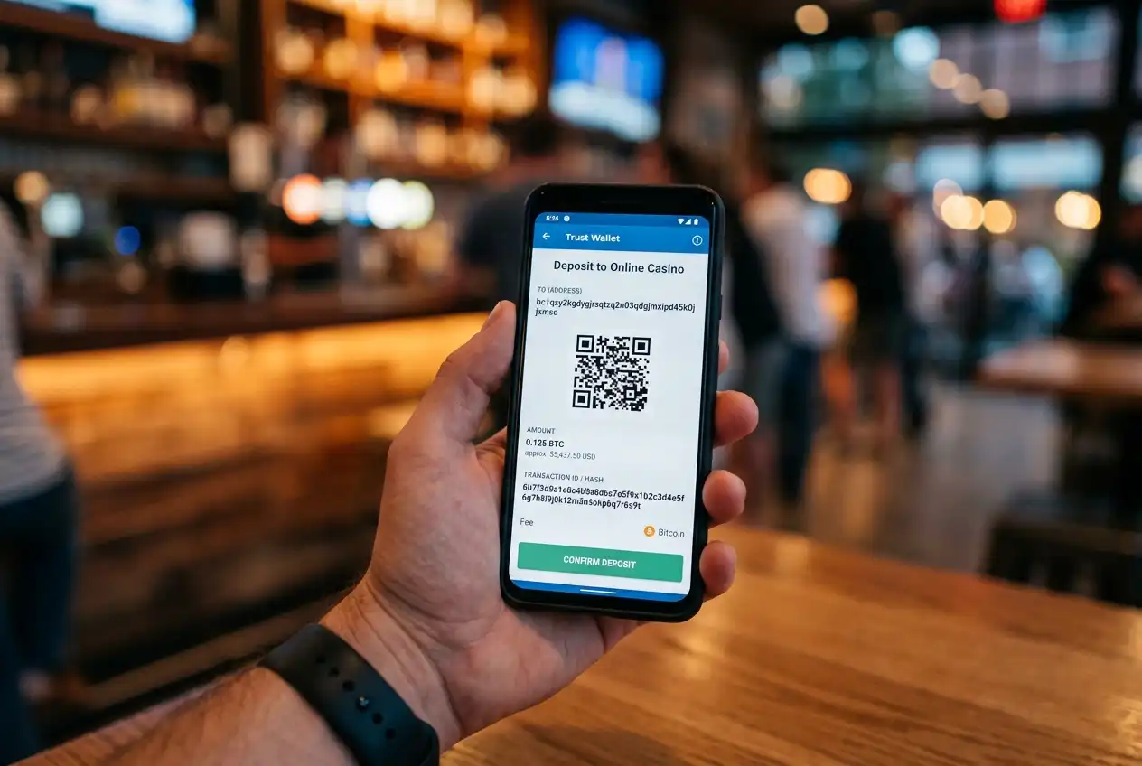 Cryptocurrency wallet showing a Bitcoin transaction to an online casino deposit address