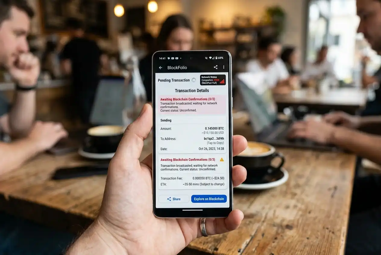 Cryptocurrency transaction pending blockchain confirmations on a wallet interface