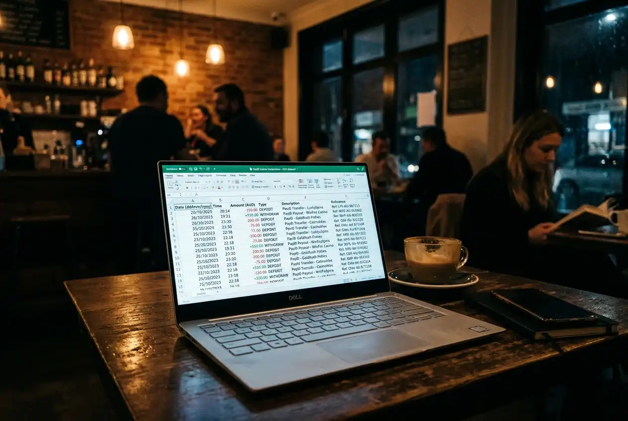 Downloaded CSV spreadsheet of PayID casino transactions opened in a spreadsheet application