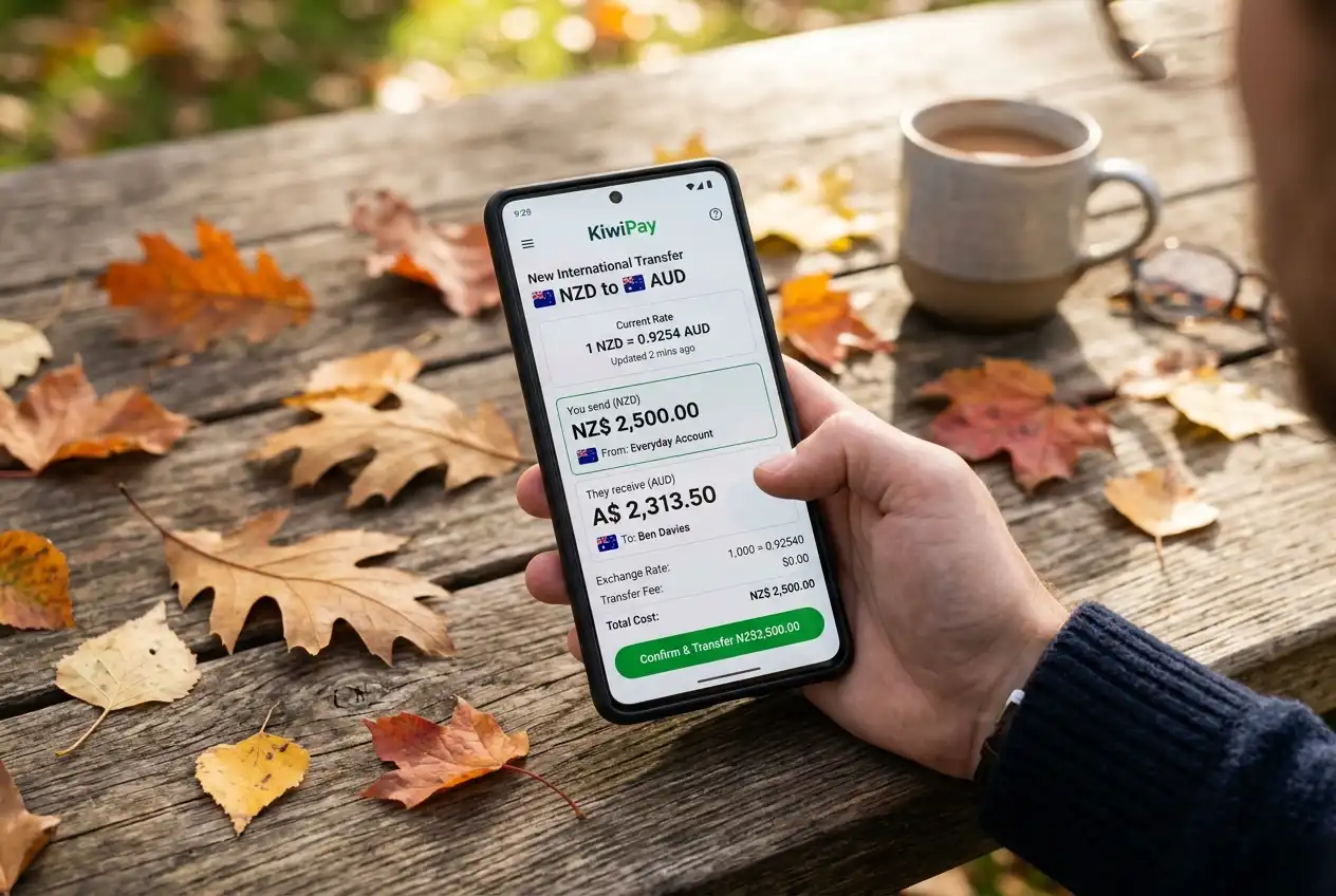 Currency exchange display showing NZD to AUD conversion rate on a financial app