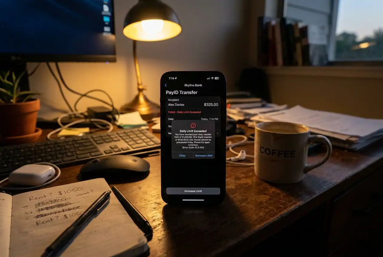 PayID transfer attempt blocked by daily limit exceeded notification on a banking app