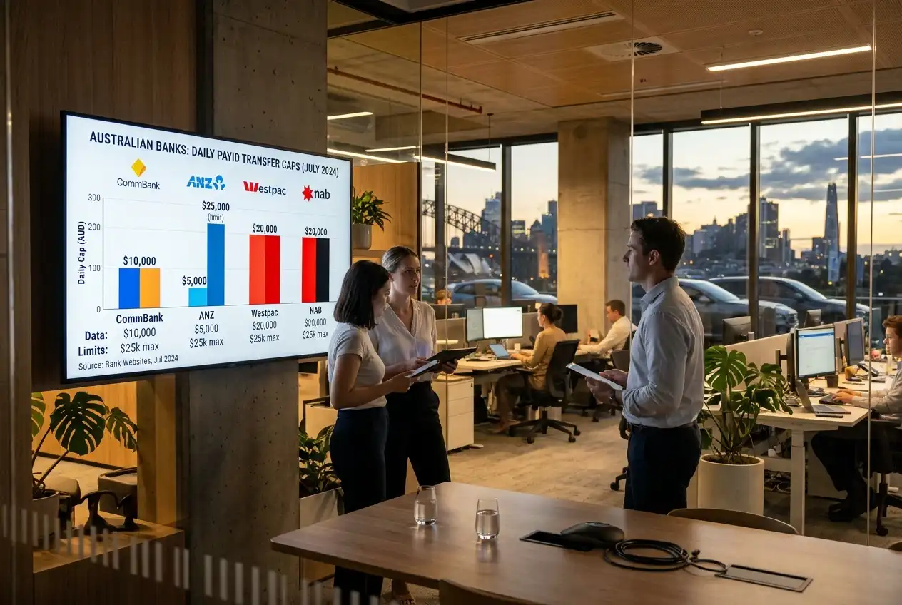 Comparison of daily PayID transfer caps across four major Australian banks on a screen