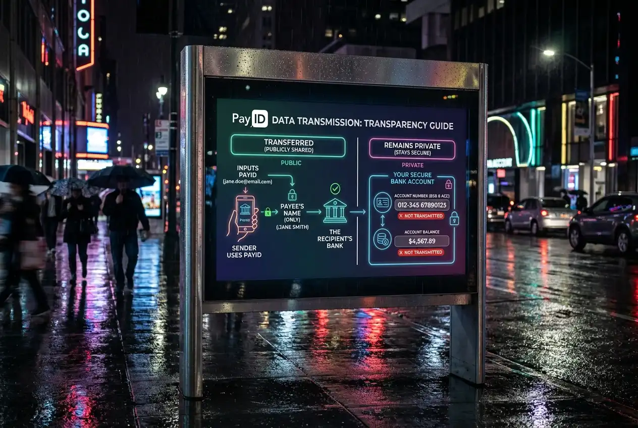 Information flow diagram showing what data PayID shares and what remains private
