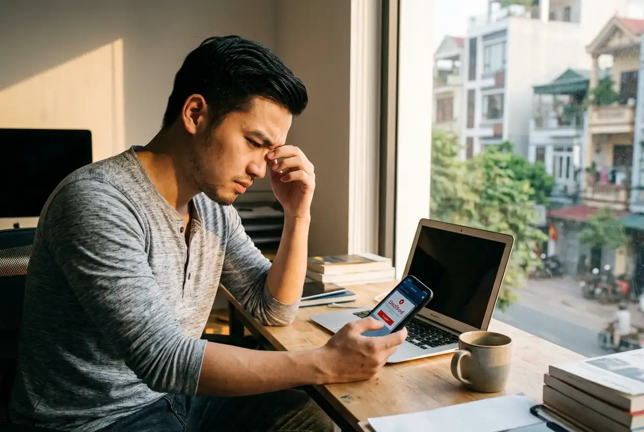 Person looking frustrated at a declined payment notification on their phone screen