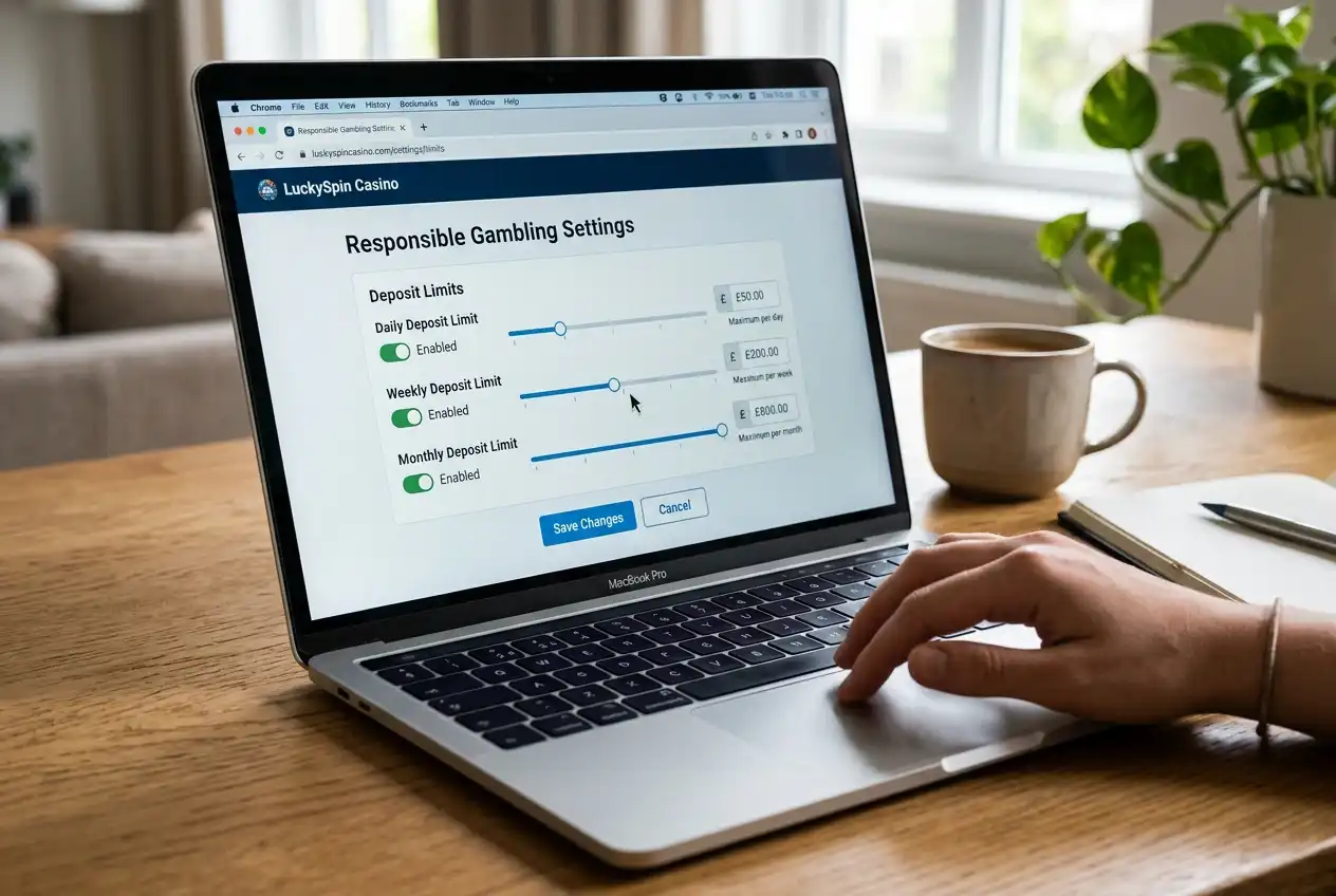 Casino responsible gambling settings page with deposit limit controls visible