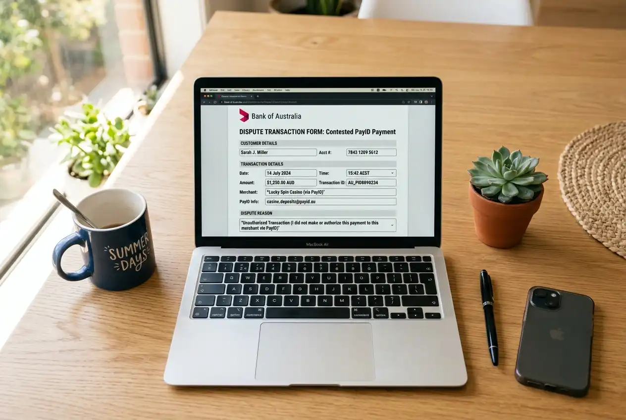 Bank dispute form open on a laptop for a contested PayID casino transaction