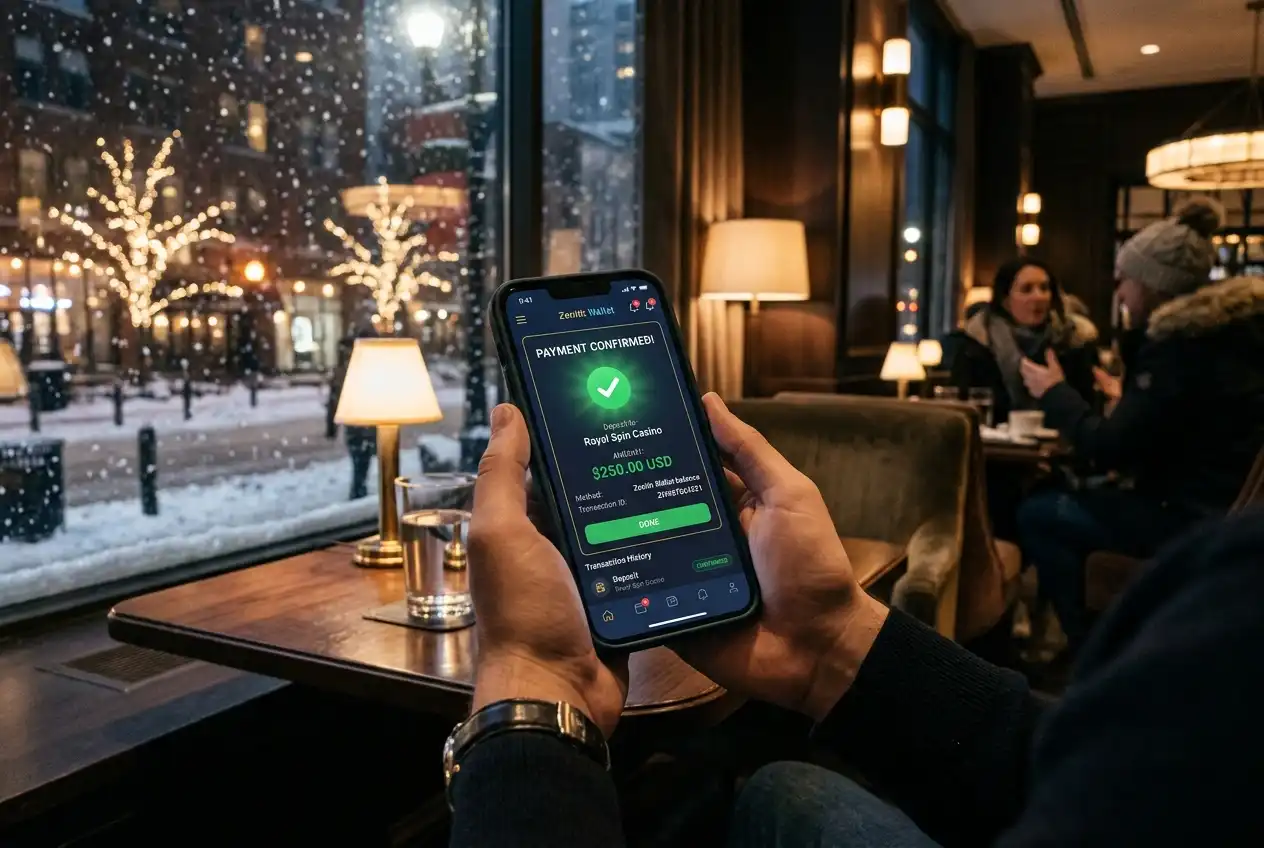 E-wallet application showing a casino deposit transaction with instant confirmation