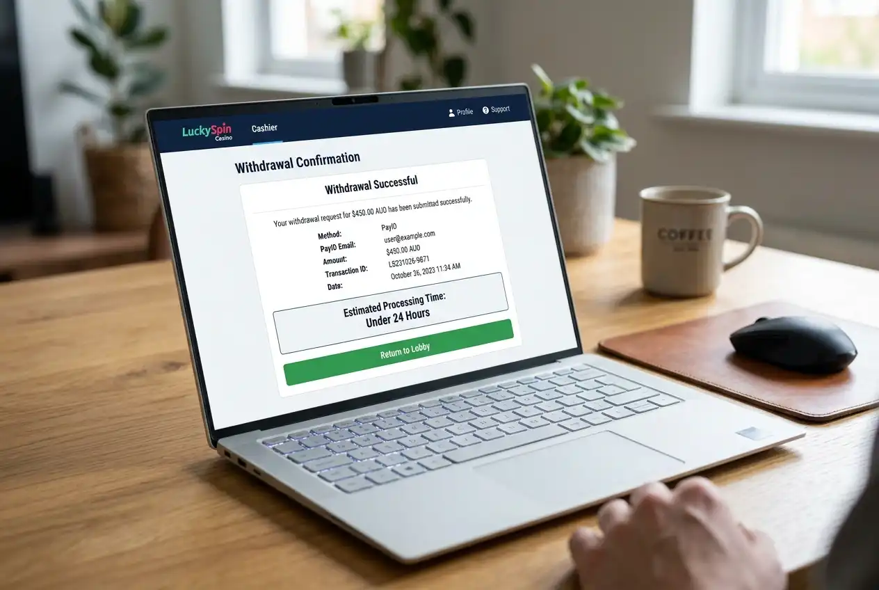 Casino cashier page with a PayID withdrawal request showing estimated processing time