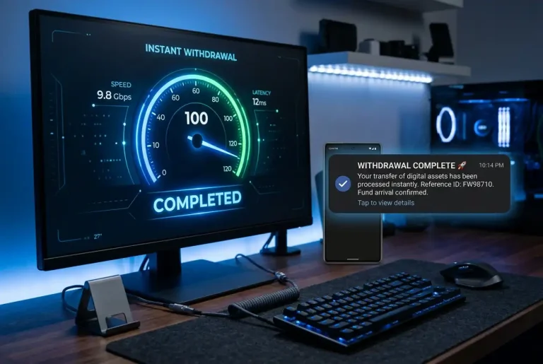 Speedometer graphic beside a phone showing a completed fast PayID casino withdrawal