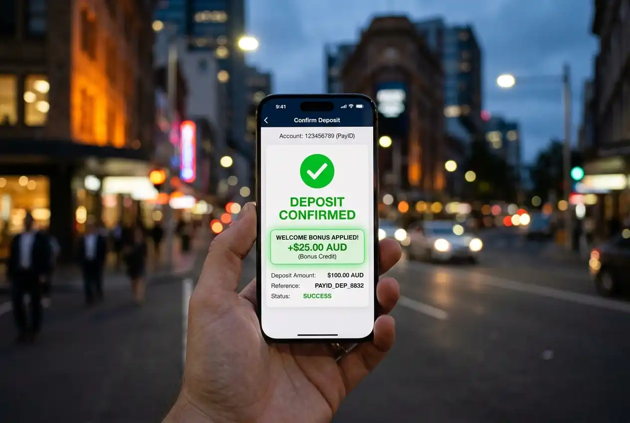 PayID deposit screen with a welcome bonus automatically applied to the first transaction